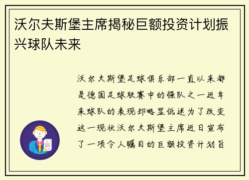 沃尔夫斯堡主席揭秘巨额投资计划振兴球队未来